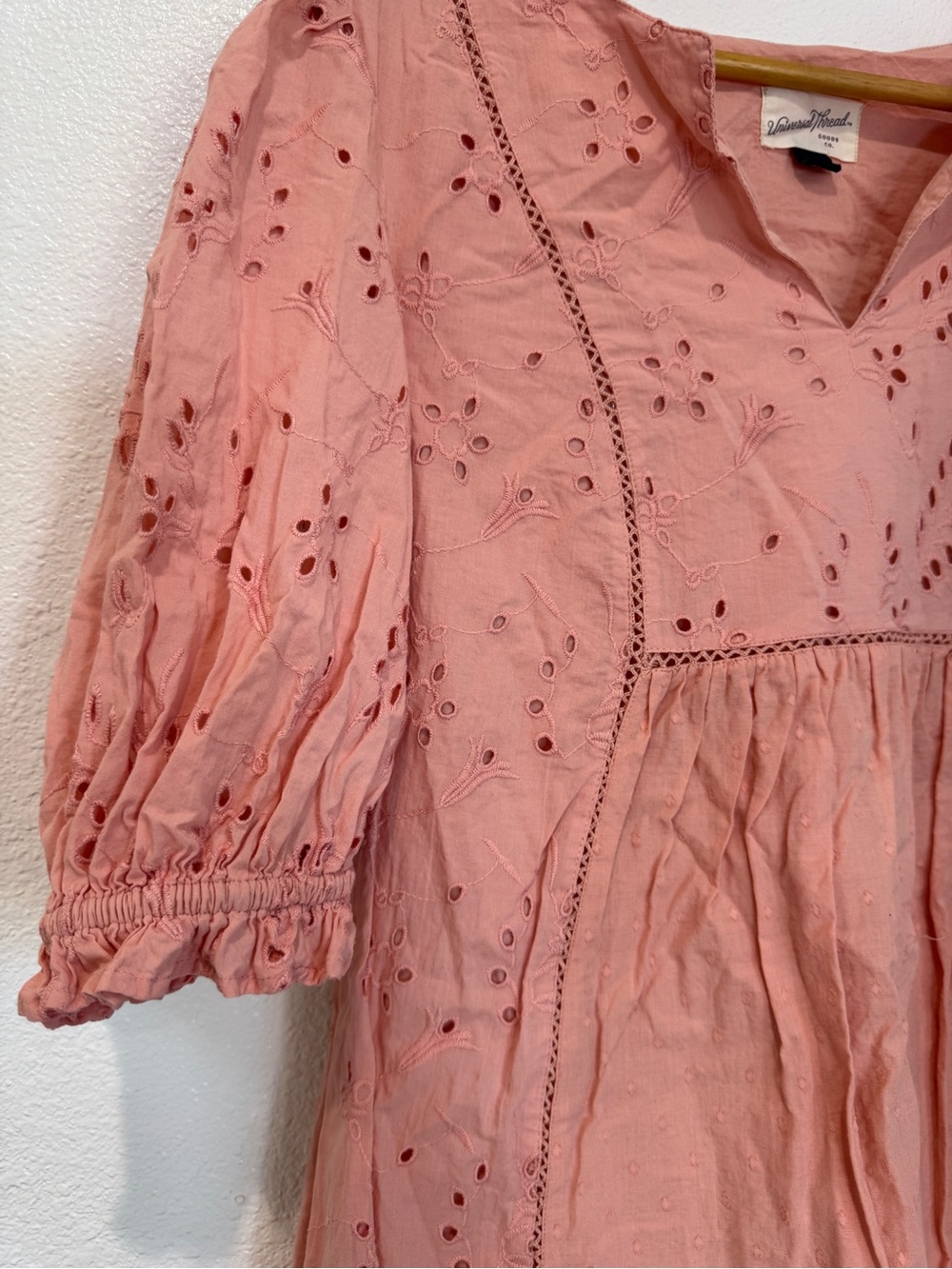 Universal Thread Peach Elbow Sleeve Eyelet Dress V Neck 100% Cotton Baby Doll M - Picture 2 of 5